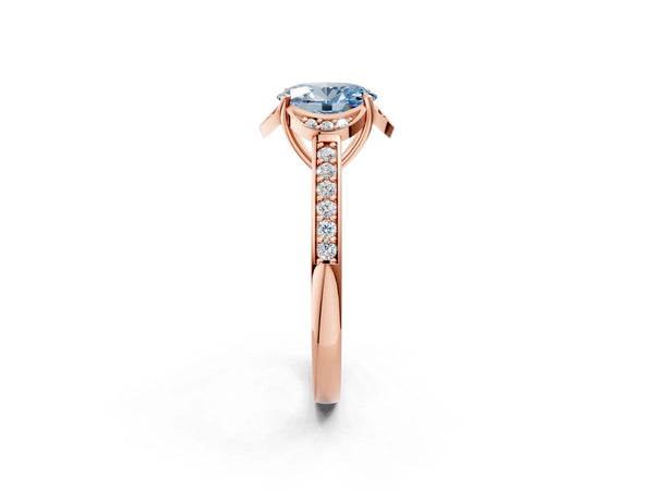 Rose gold Fancy Blue Oval  Cut Halo Diamond Ring with Channel Set Band and Four-Prong Setting