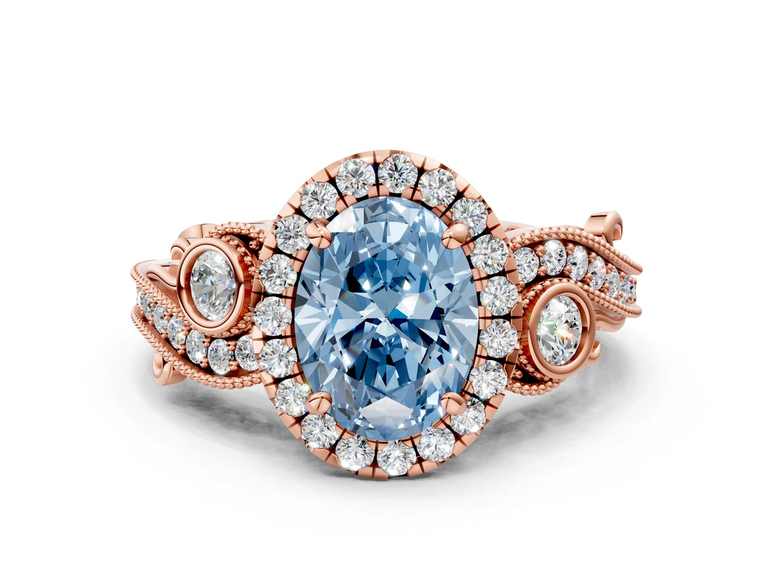 Rose gold Fancy Blue Oval Cut Halo Diamond Ring with Milgrain and Bezel Accents on a Split Shank Band_12