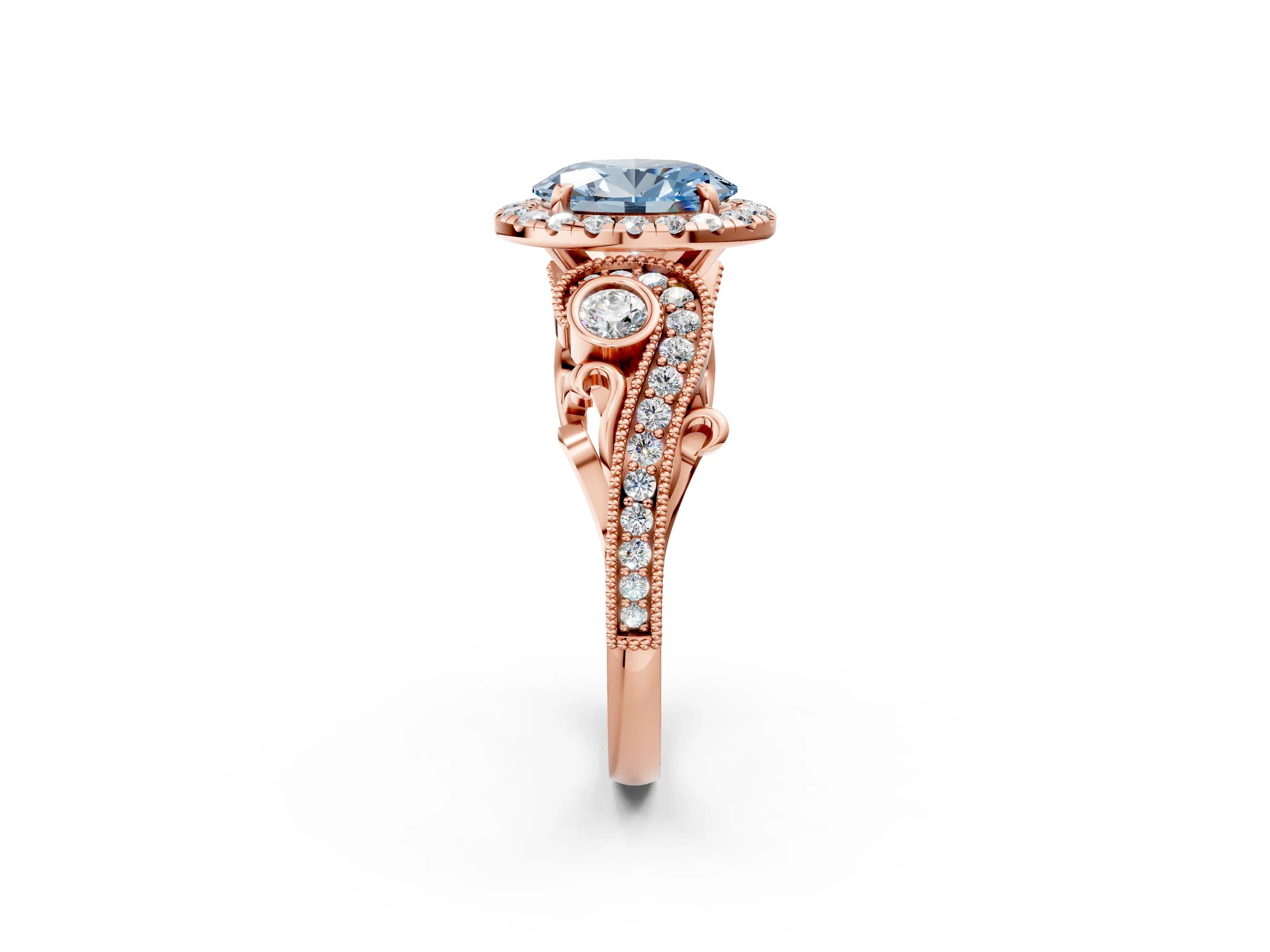 Rose gold Fancy Blue Oval Cut Halo Diamond Ring with Milgrain and Bezel Accents on a Split Shank Band_2