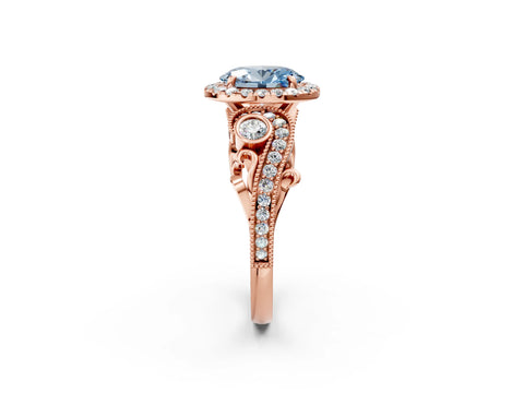 Rose gold Fancy Blue Oval Cut Halo Diamond Ring with Milgrain and Bezel Accents on a Split Shank Band_2