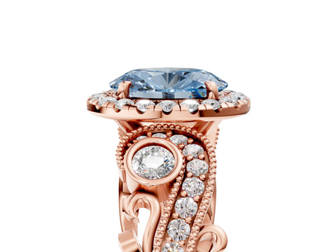 Rose gold Fancy Blue Oval Cut Halo Diamond Ring with Milgrain and Bezel Accents on a Split Shank Band_5