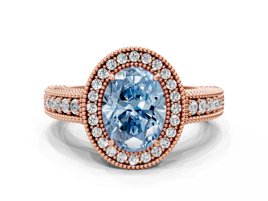 Rose gold Fancy Blue Oval  Cut Halo Diamond Ring with Pavé Band and Four-Prong Setting_71