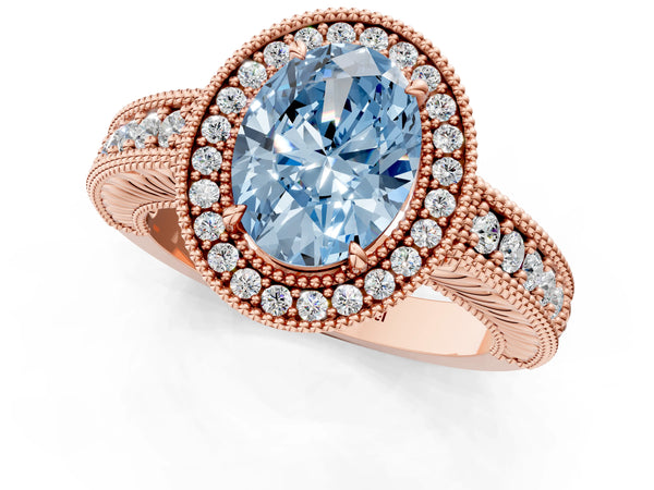 Rose gold Fancy Blue Oval  Cut Halo Diamond Ring with Pavé Band and Four-Prong Setting