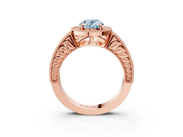 Rose gold Fancy Blue Oval  Cut Halo Diamond Ring with Pavé Band and Four-Prong Setting