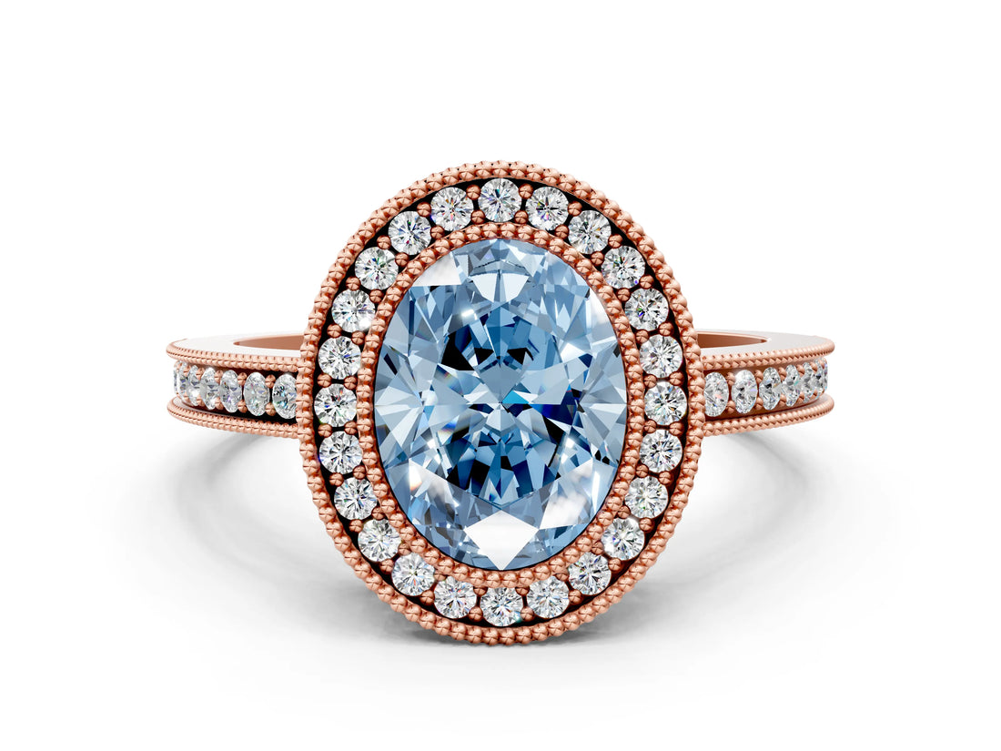 Rose gold Fancy Blue Oval  Cut Halo Diamond Ring with Pavé Band and Milgrain Prong Setting_32