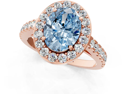 Rose gold Fancy Blue Oval Cut Halo Diamond Ring with Pavé Band and Three-Prong Setting_1