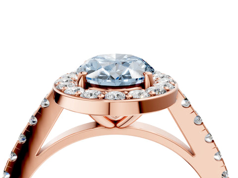 Rose gold Fancy Blue Oval Cut Halo Diamond Ring with Pavé Band and Three-Prong Setting_4