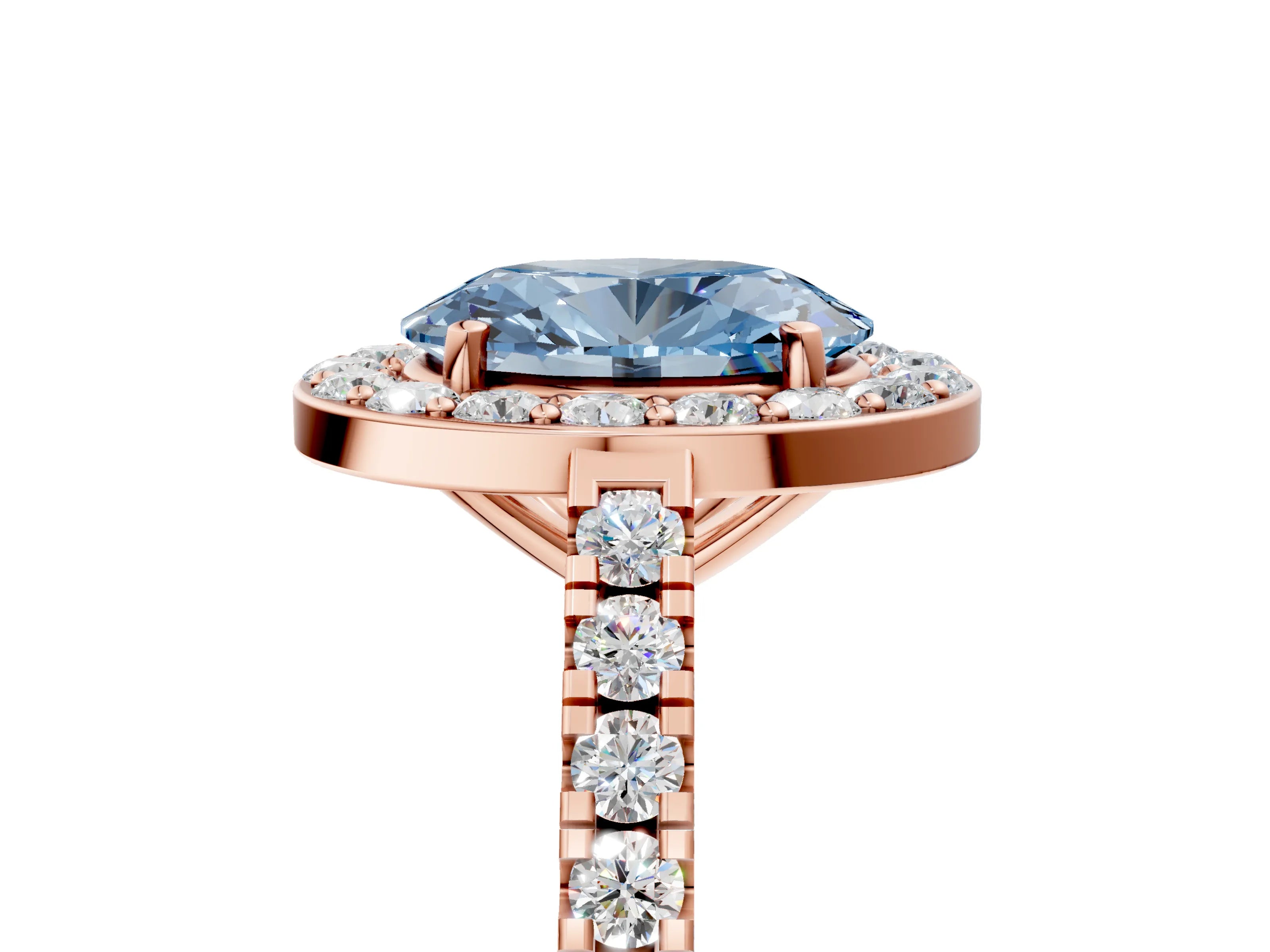 Rose gold Fancy Blue Oval Cut Halo Diamond Ring with Pavé Band and Three-Prong Setting_5