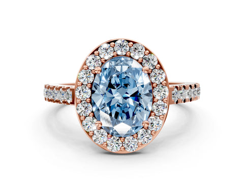 Rose gold Fancy Blue Oval Cut Halo Diamond Ring with Pavé Band and Three-Prong Setting