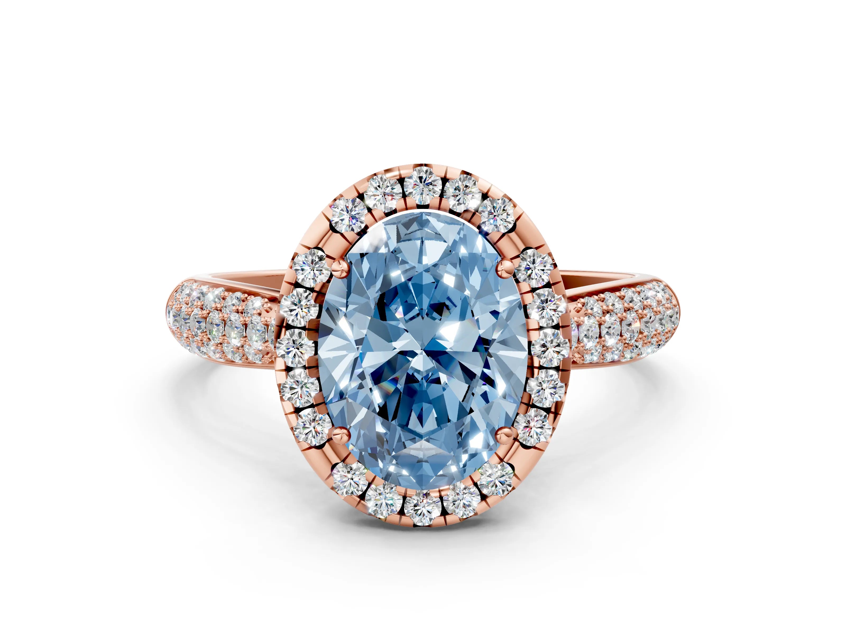 Rose gold Fancy Blue Oval Cut Halo Diamond Ring with Pavé Band