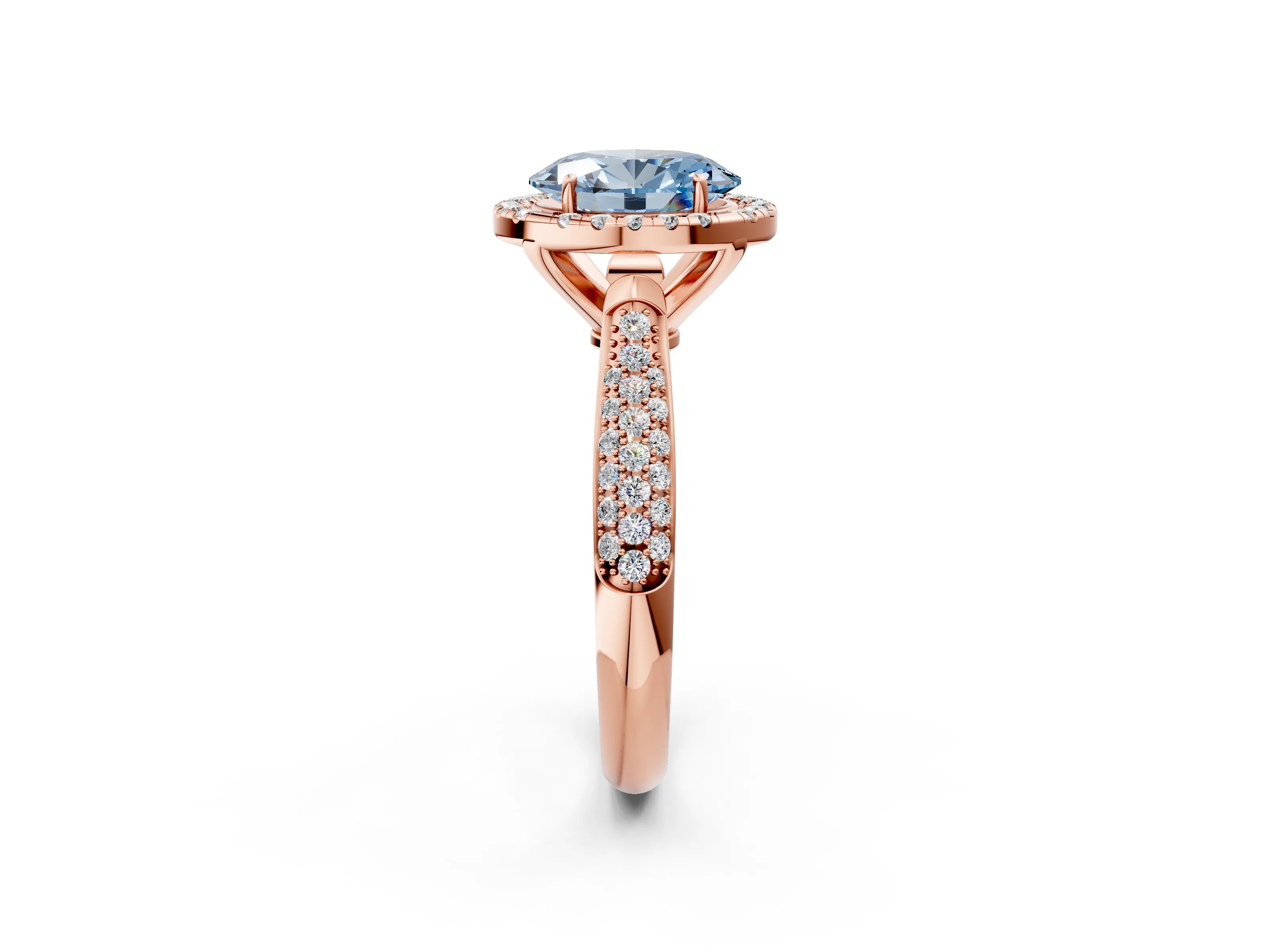Rose gold Fancy Blue Oval Cut Halo Diamond Ring with Pavé Band_2