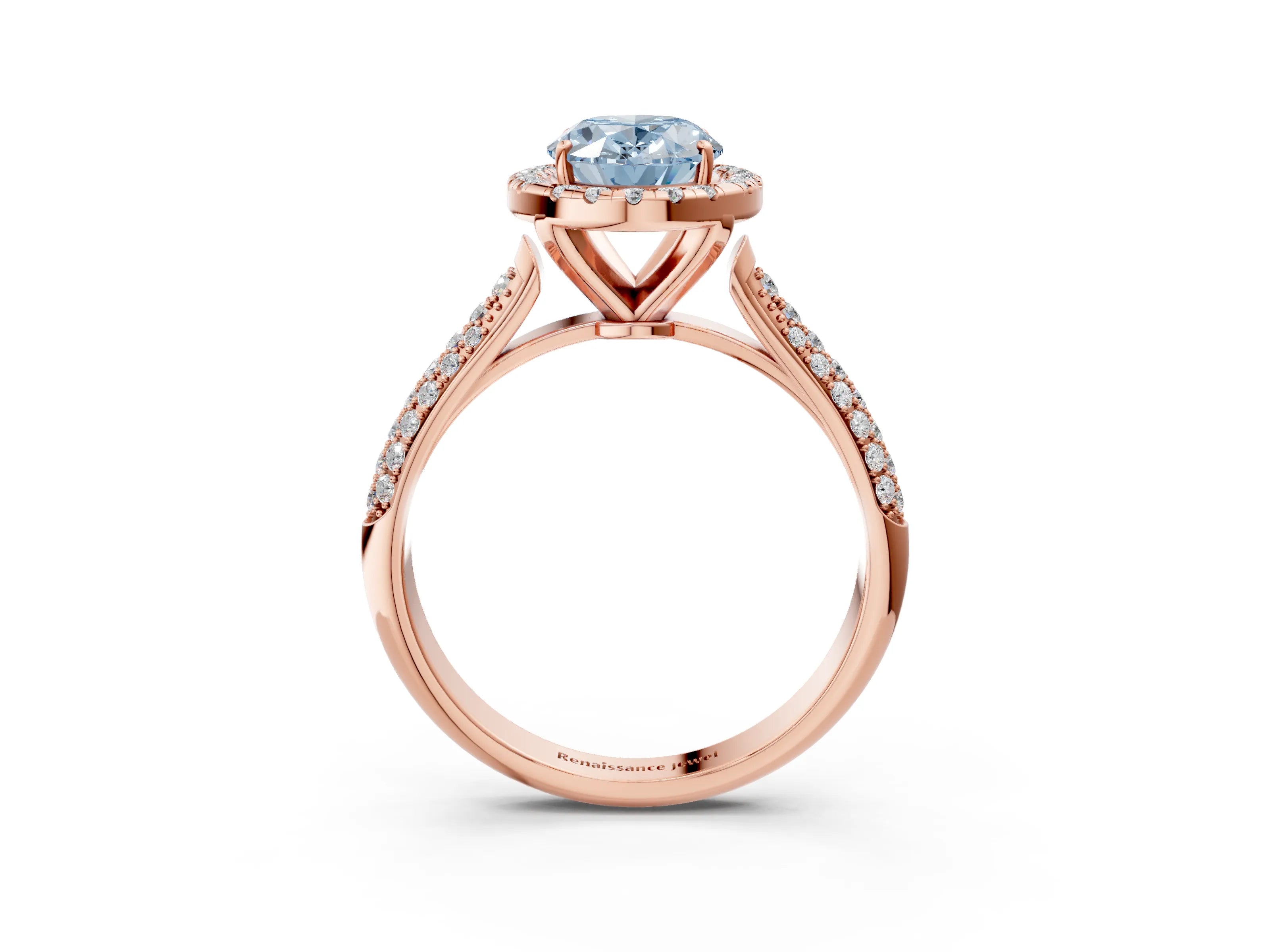 Rose gold Fancy Blue Oval Cut Halo Diamond Ring with Pavé Band_3