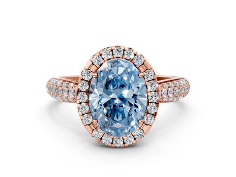 Rose gold Fancy Blue Oval Cut Halo Diamond Ring with Pavé Band