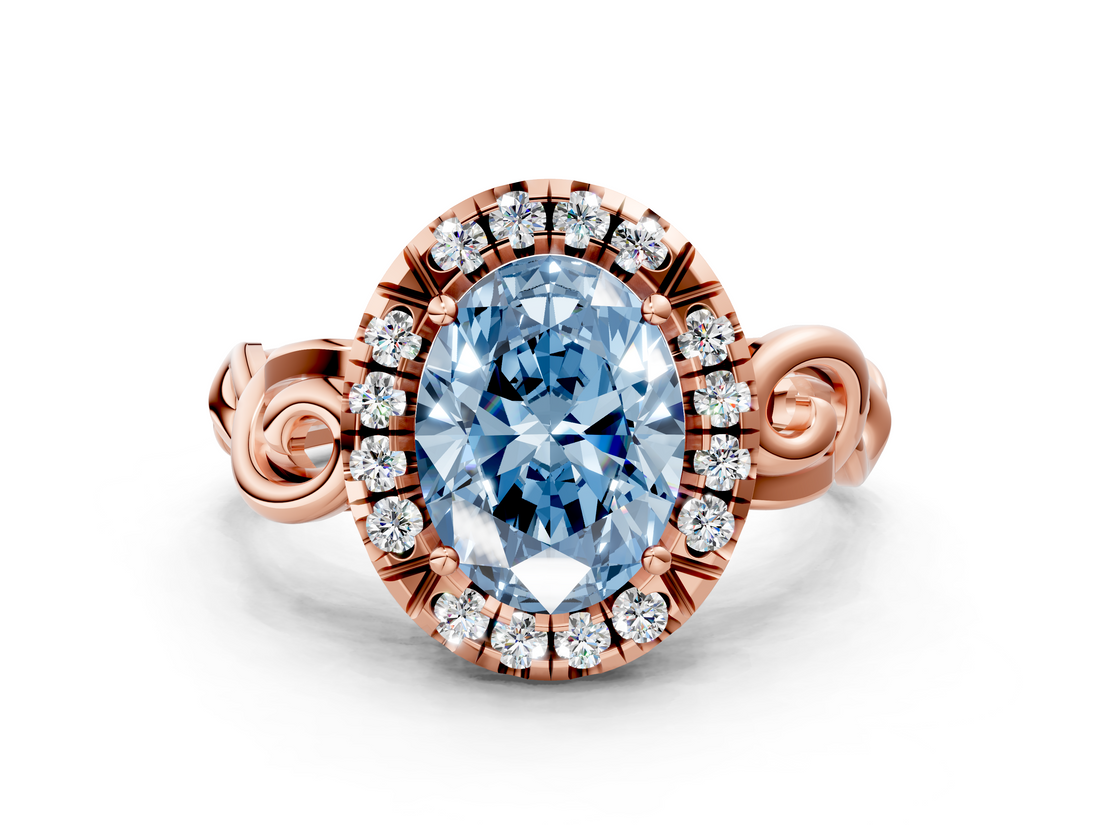 Rose gold Fancy Blue Oval  Cut Halo Diamond Ring with Scrollwork Band and Four-Prong Setting_133