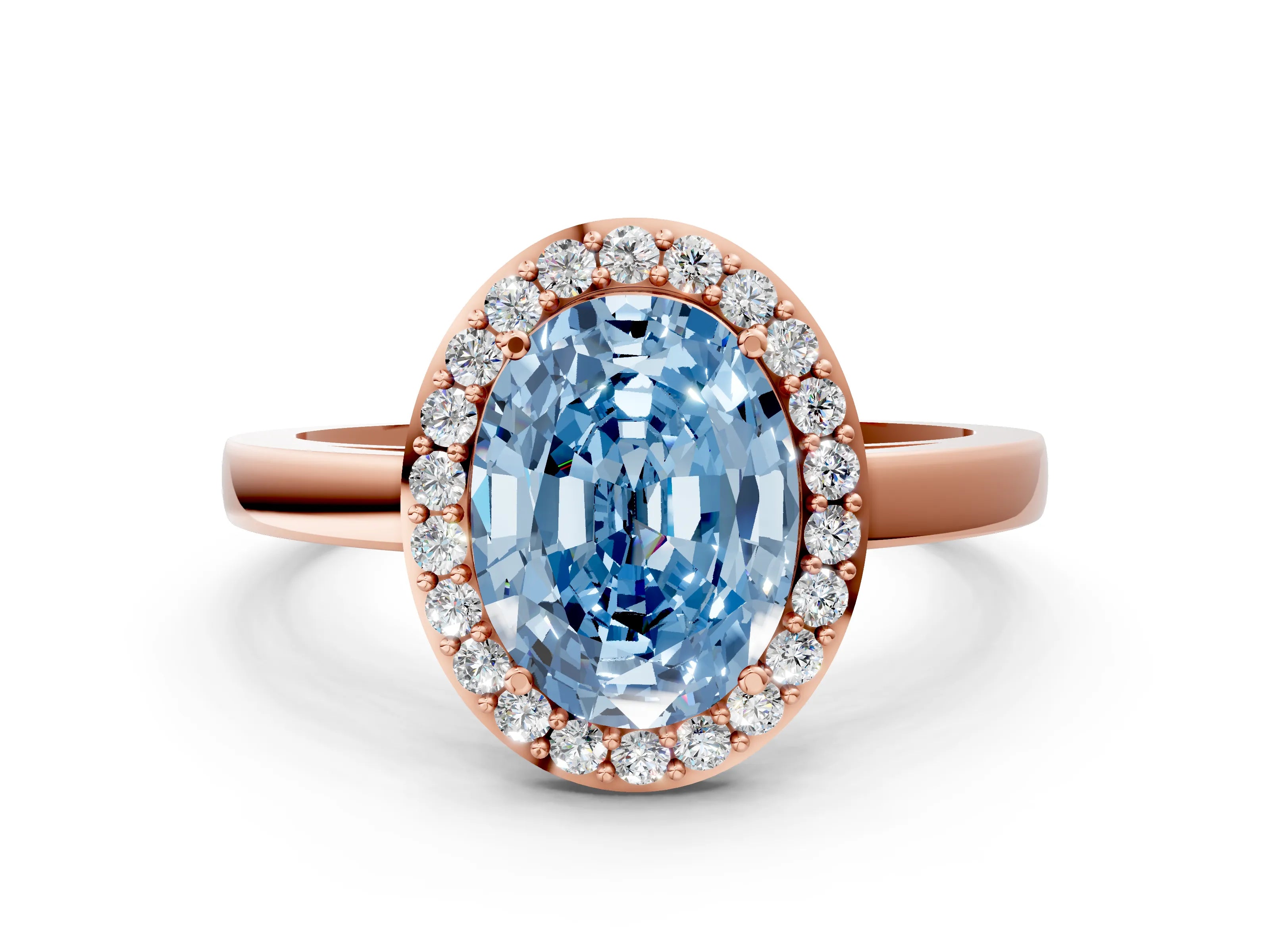 Rose gold Fancy Blue Oval Cut Halo Diamond Ring with Solitaire Band and Prong Setting