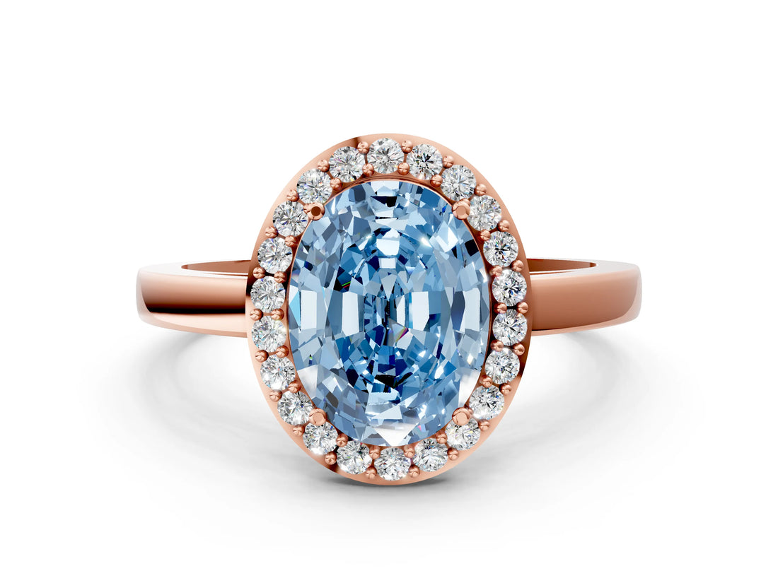 Rose gold Fancy Blue Oval Cut Halo Diamond Ring with Solitaire Band and Prong Setting