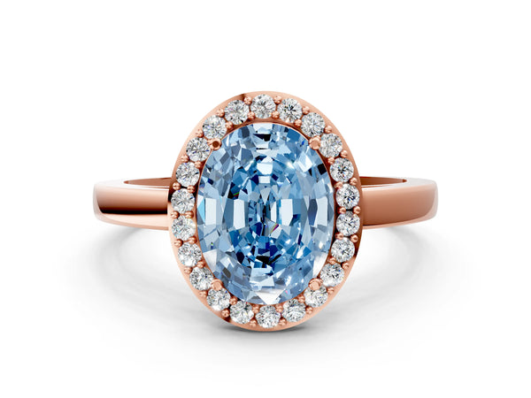 Rose gold Fancy Blue Oval Cut Halo Diamond Ring with Solitaire Band and Prong Setting