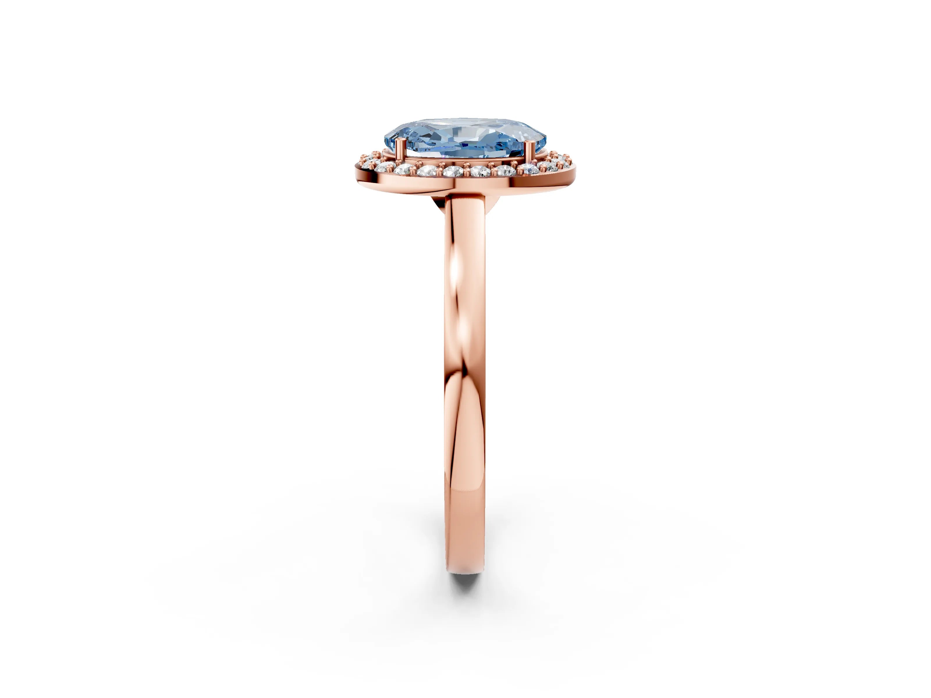 Rose gold Fancy Blue Oval Cut Halo Diamond Ring with Solitaire Band and Prong Setting_2