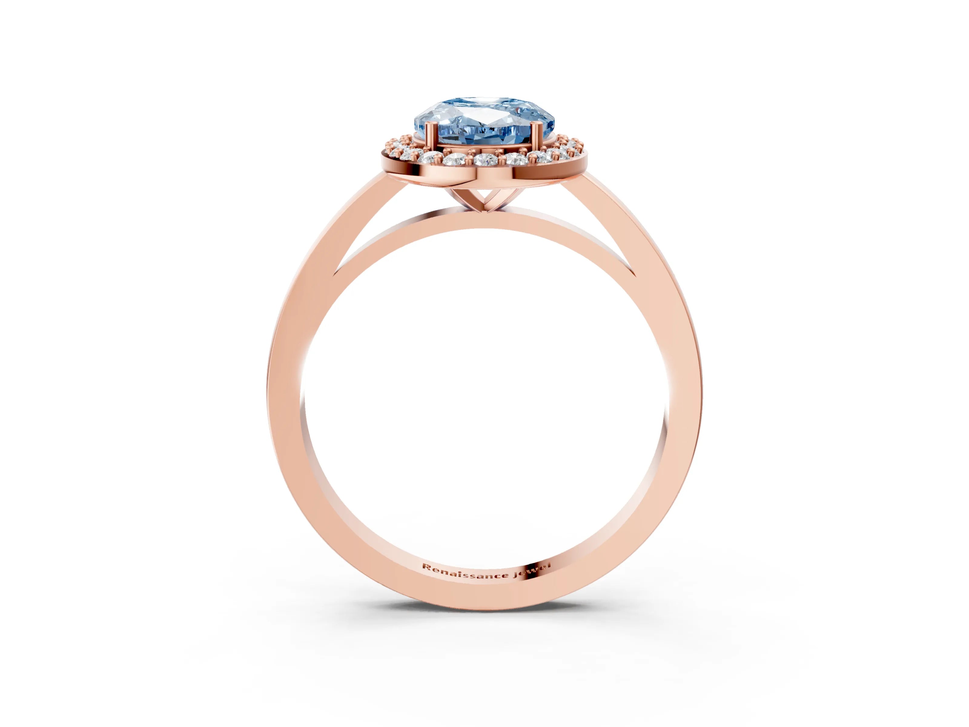 Rose gold Fancy Blue Oval Cut Halo Diamond Ring with Solitaire Band and Prong Setting_3
