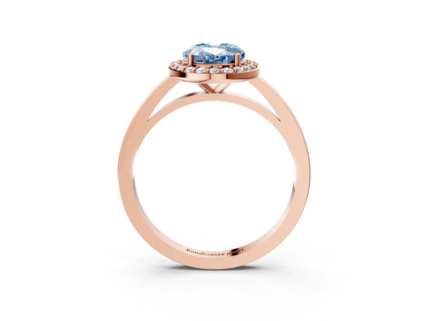 Rose gold Fancy Blue Oval Cut Halo Diamond Ring with Solitaire Band and Prong Setting