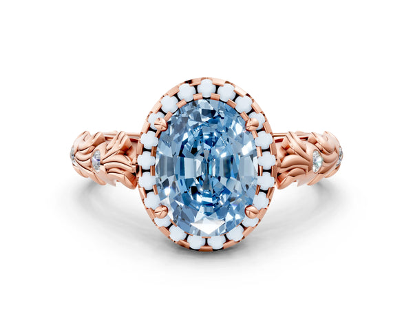 Rose gold Fancy Blue Oval Cut Halo Diamond Solitaire with Filigree Band and Four-Prong Setting