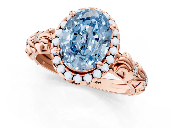 Rose gold Fancy Blue Oval Cut Halo Diamond Solitaire with Filigree Band and Four-Prong Setting
