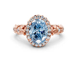 Rose gold Fancy Blue Oval Cut Halo Diamond Solitaire with Filigree Band and Four-Prong Setting_12
