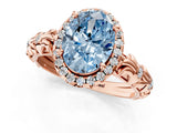 Rose gold Fancy Blue Oval Cut Halo Diamond Solitaire with Filigree Band and Four-Prong Setting_13