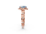 Rose gold Fancy Blue Oval Cut Halo Diamond Solitaire with Filigree Band and Four-Prong Setting_14