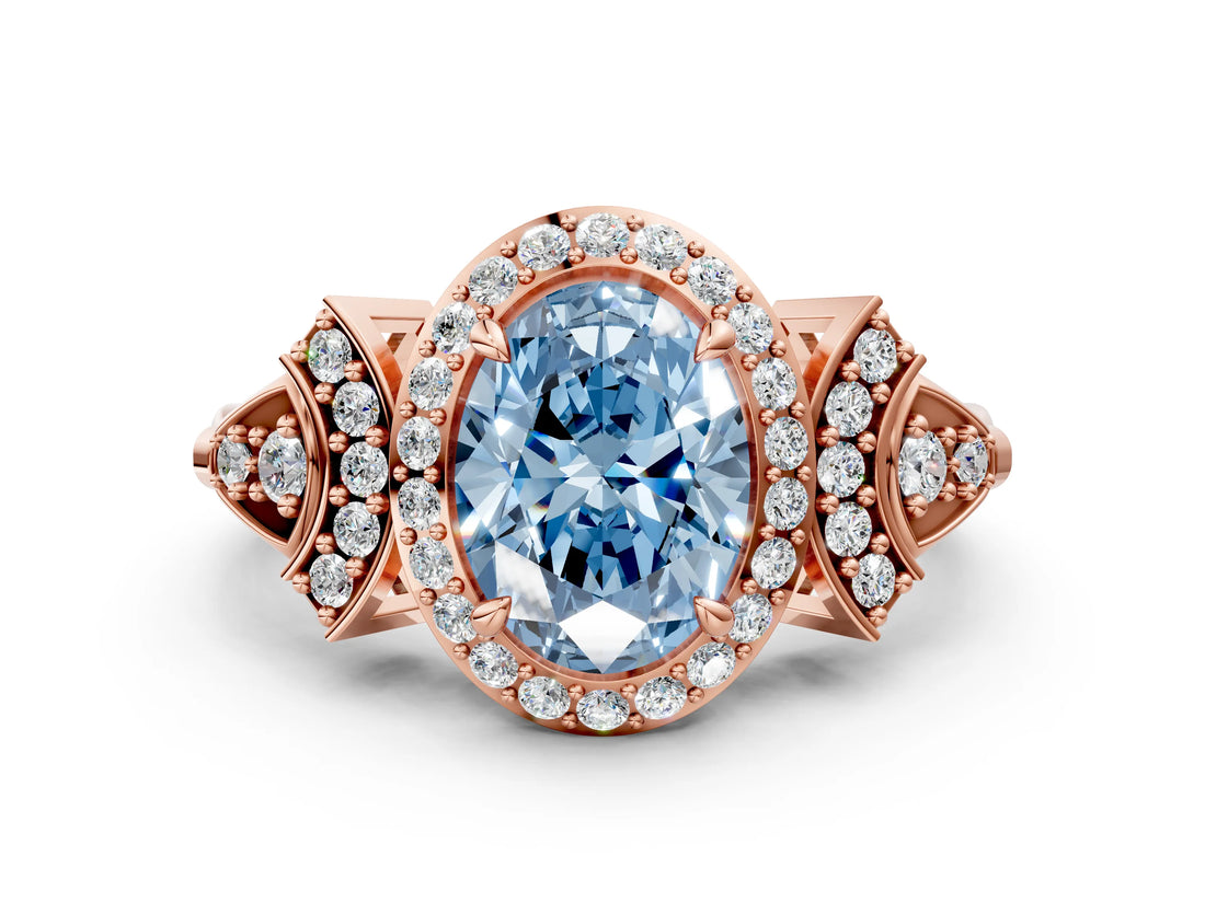 Rose gold Fancy Blue Oval Cut Halo Diamond Split Shank Engagement Ring with Four-Prong Setting