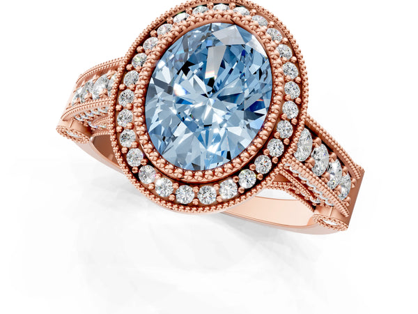 Rose gold Fancy Blue Oval Cut Halo Diamond Split Shank Pave Ring