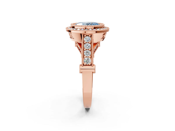 Rose gold Fancy Blue Oval Cut Halo Diamond Split Shank Pave Ring