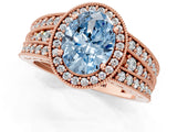 Rose gold Fancy Blue Oval Cut Halo Diamond Split Shank Ring with Prong Setting_1