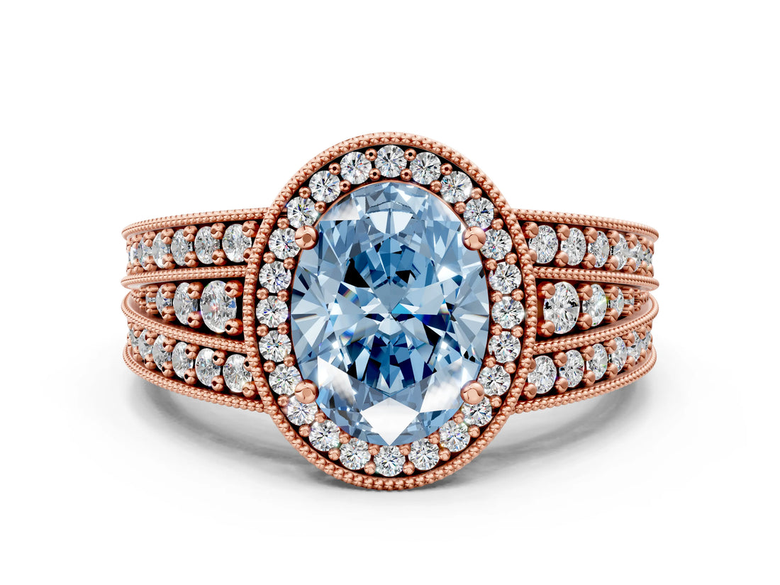 Rose gold Fancy Blue Oval Cut Halo Diamond Split Shank Ring with Prong Setting_6