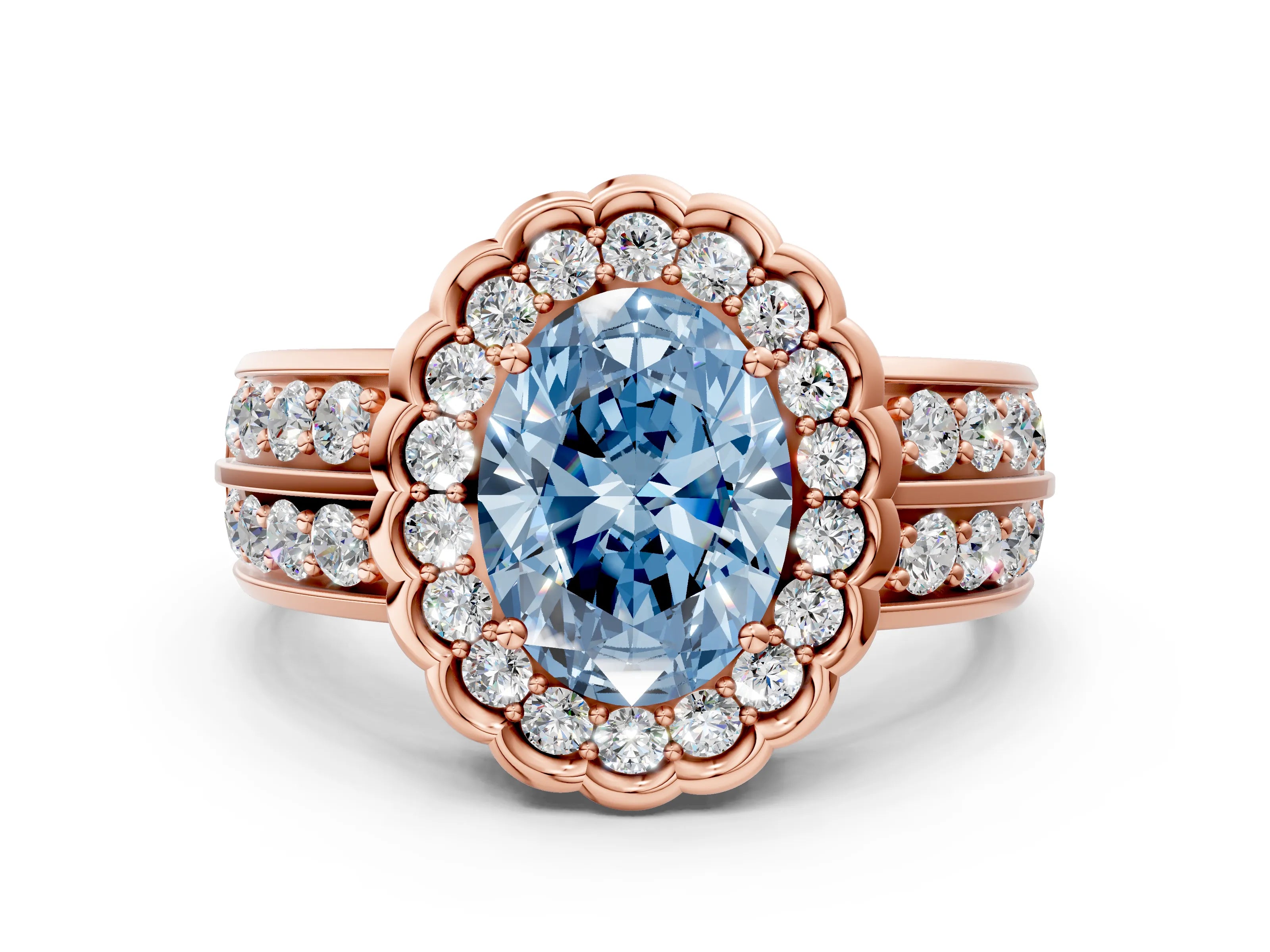 Rose gold Fancy Blue Oval Cut Halo Diamond Split Shank Ring with Scalloped Prong Setting