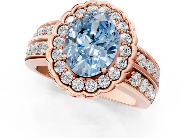 Rose gold Fancy Blue Oval Cut Halo Diamond Split Shank Ring with Scalloped Prong Setting