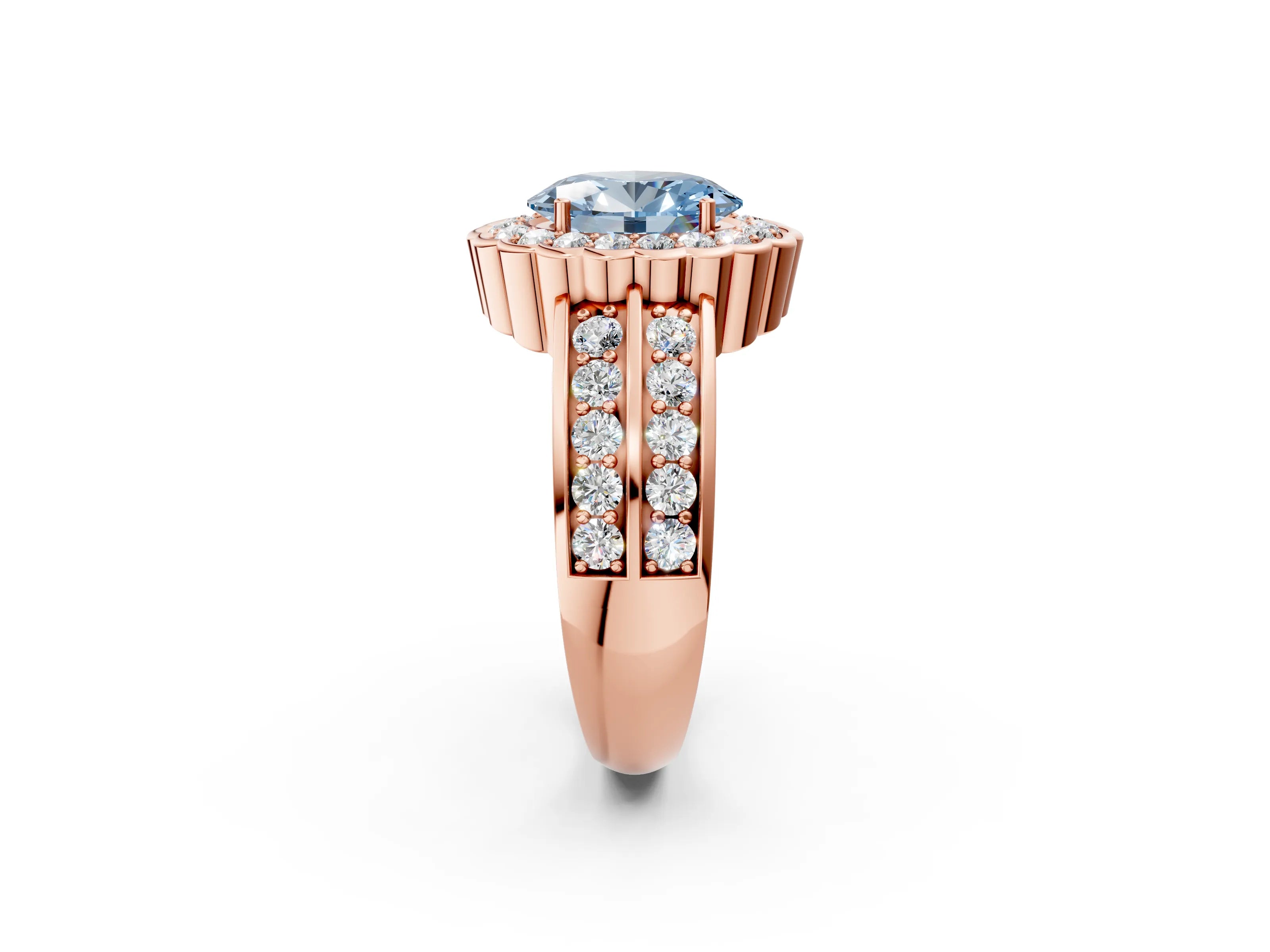 Rose gold Fancy Blue Oval Cut Halo Diamond Split Shank Ring with Scalloped Prong Setting_2