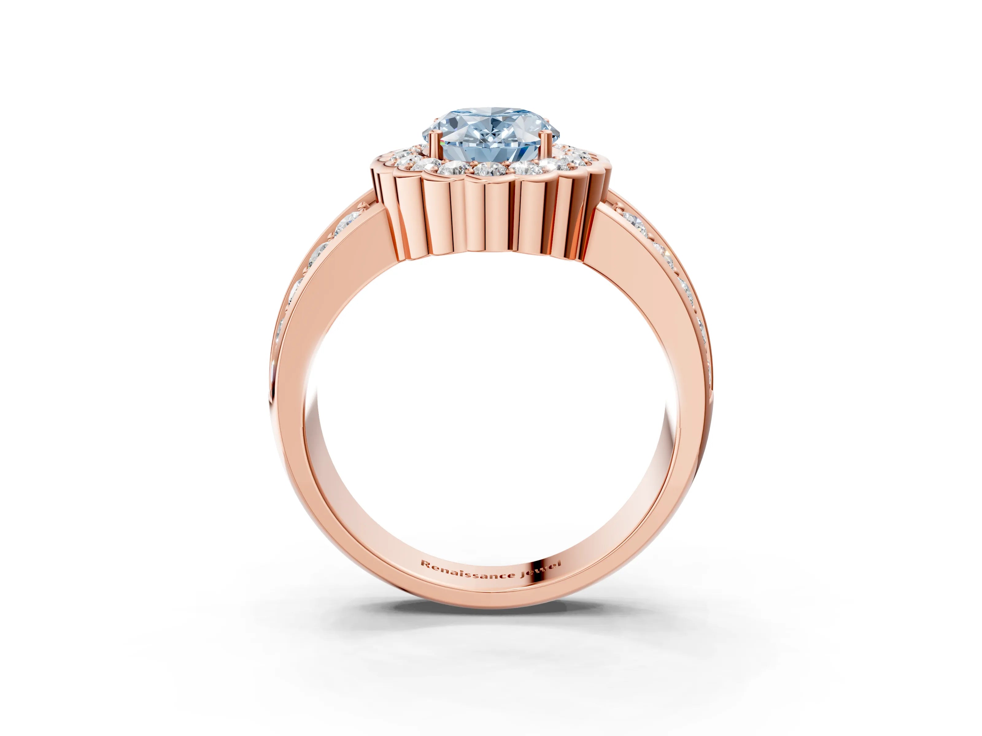 Rose gold Fancy Blue Oval Cut Halo Diamond Split Shank Ring with Scalloped Prong Setting_3