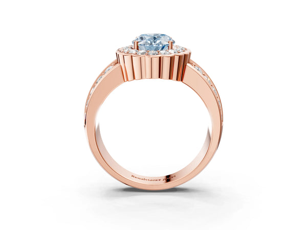 Rose gold Fancy Blue Oval Cut Halo Diamond Split Shank Ring with Scalloped Prong Setting