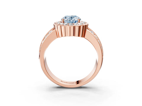 Rose gold Fancy Blue Oval Cut Halo Diamond Split Shank Ring with Scalloped Prong Setting_3