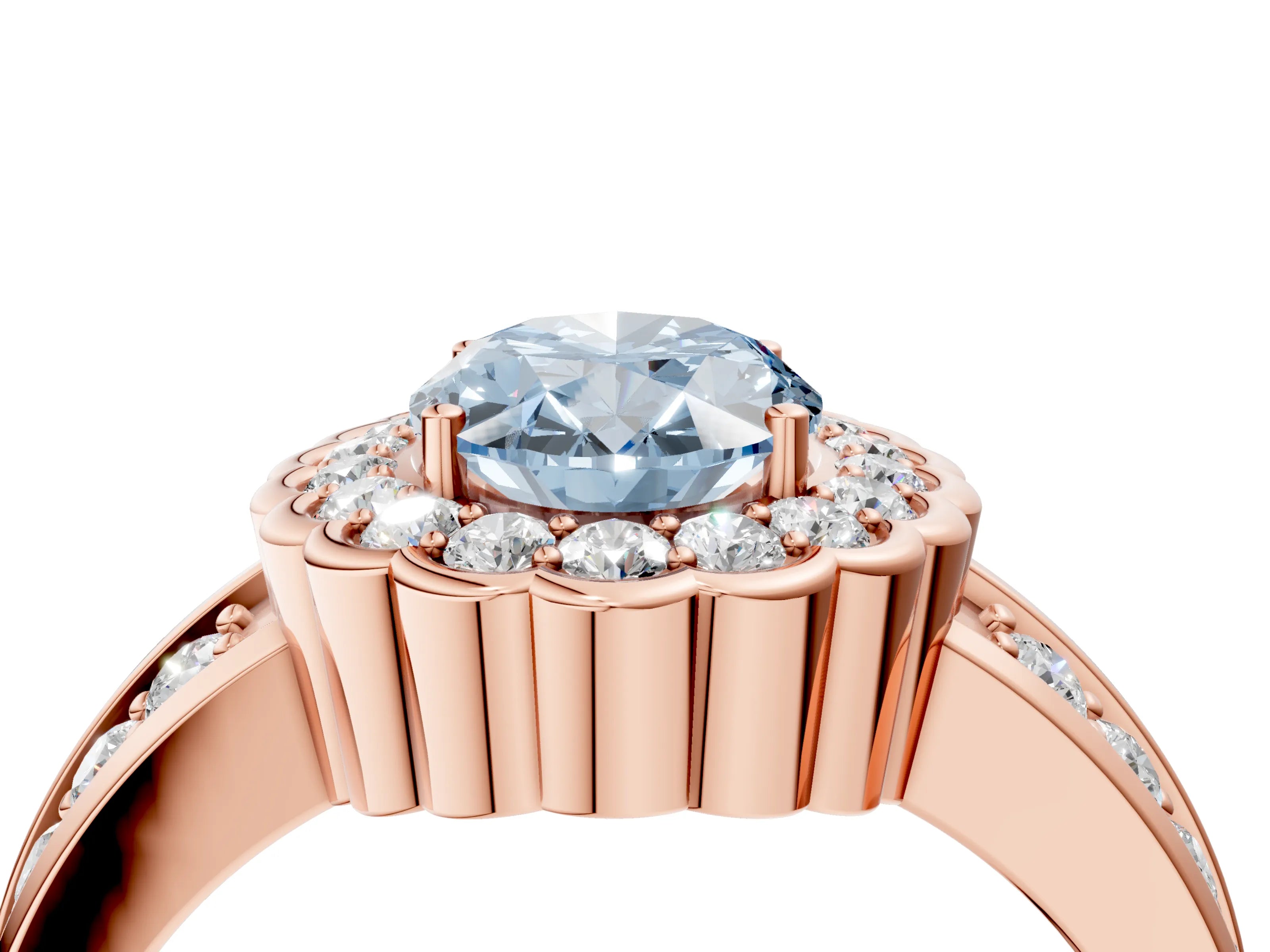Rose gold Fancy Blue Oval Cut Halo Diamond Split Shank Ring with Scalloped Prong Setting_4