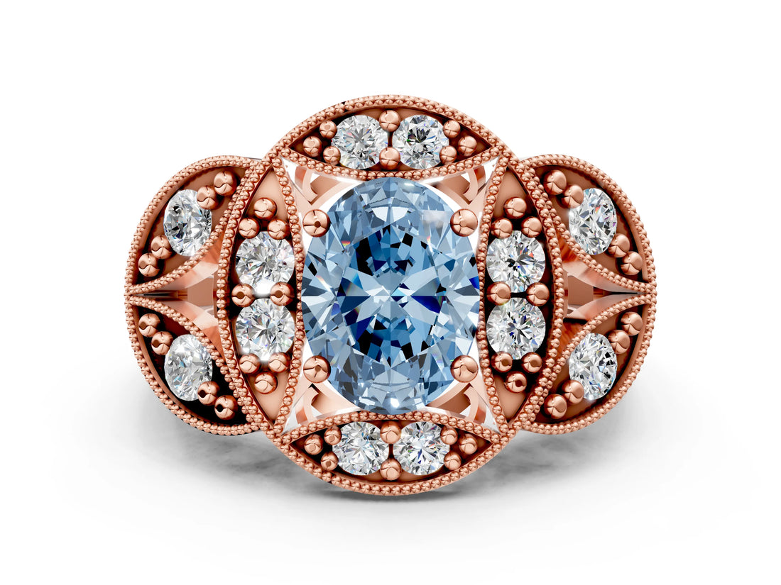 Rose gold Fancy Blue Oval Cut Halo Milgrain Diamond Engagement Ring with Leaf Band and Four-Prong Setting