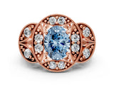 Rose gold Fancy Blue Oval Cut Halo Milgrain Diamond Engagement Ring with Leaf Band and Four-Prong Setting
