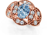 Rose gold Fancy Blue Oval Cut Halo Milgrain Diamond Engagement Ring with Leaf Band and Four-Prong Setting_1