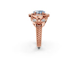 Rose gold Fancy Blue Oval Cut Halo Milgrain Diamond Engagement Ring with Leaf Band and Four-Prong Setting_2