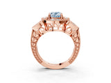 Rose gold Fancy Blue Oval Cut Halo Milgrain Diamond Engagement Ring with Leaf Band and Four-Prong Setting_3