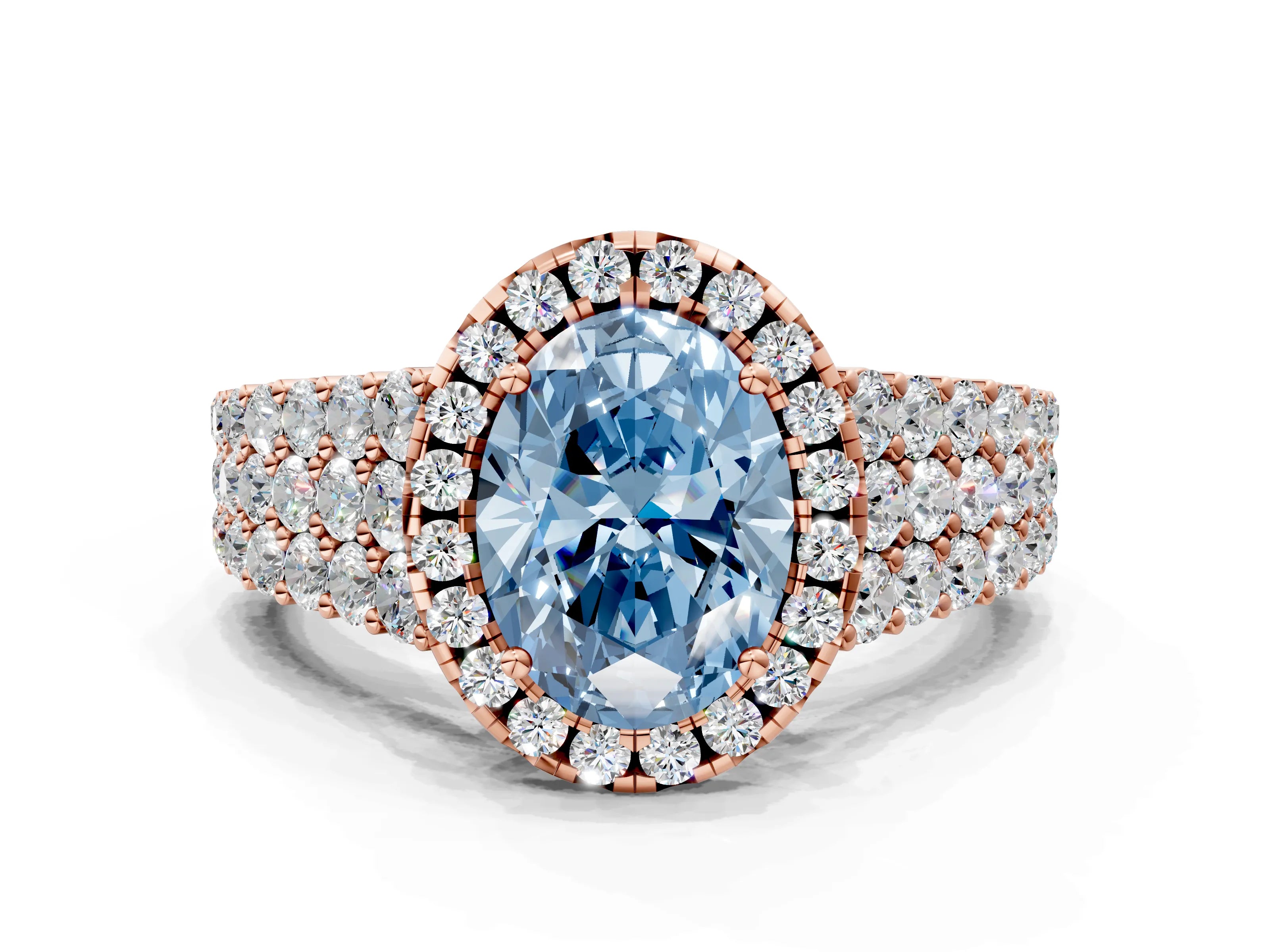 Rose gold Fancy Blue Oval Cut Halo Pavé Diamond Engagement Ring with Split Shank and Four-Prong Setting_3