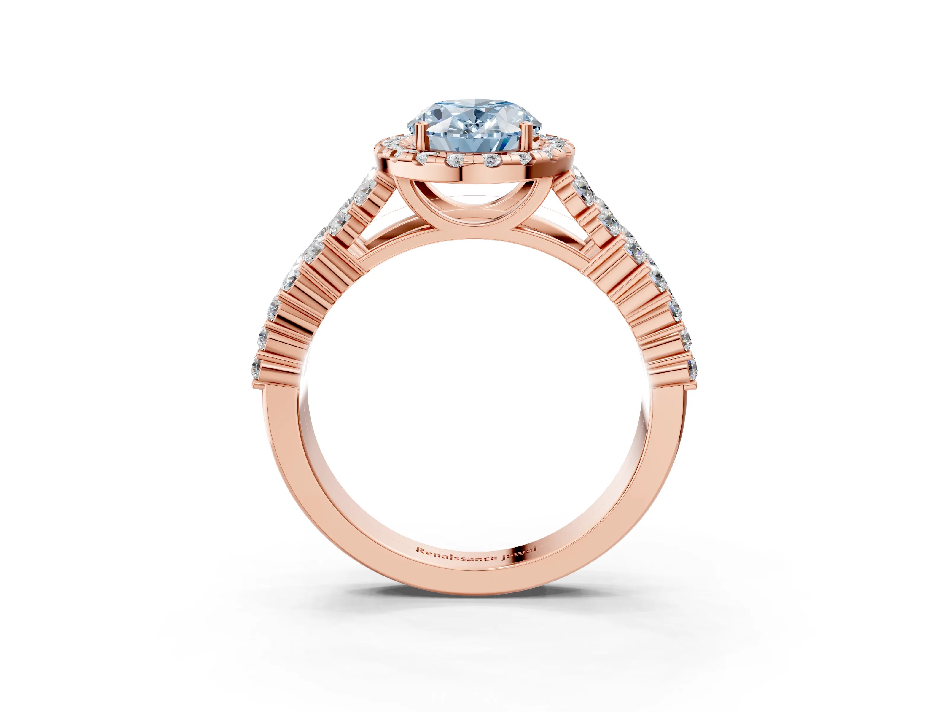 Rose gold Fancy Blue Oval Cut Halo Pavé Diamond Engagement Ring with Split Shank and Four-Prong Setting_6