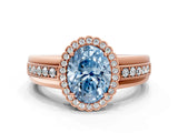 Rose gold Fancy Blue Oval  Cut Halo Pave Band Four-Prong Ring_49