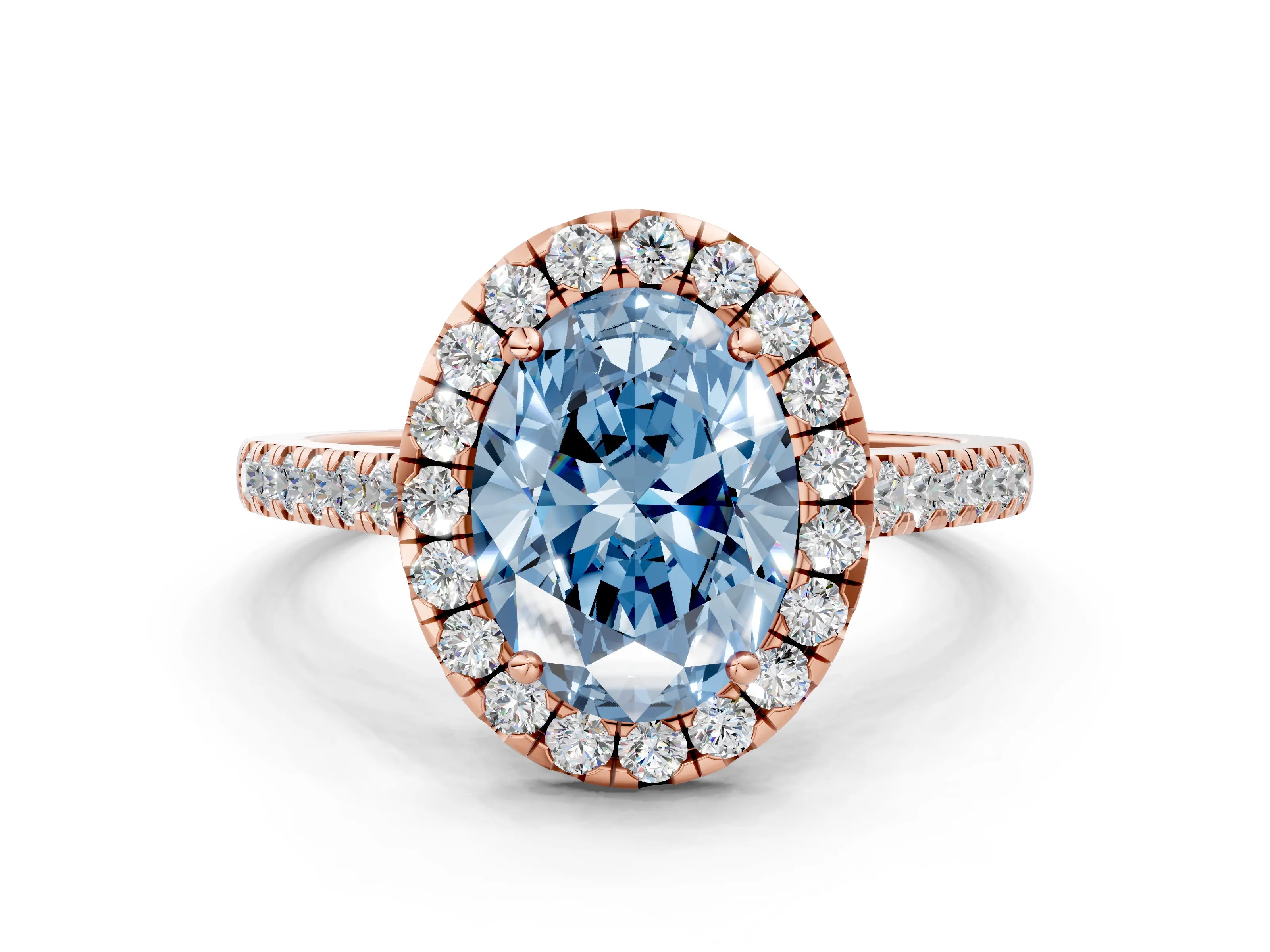 Rose gold Fancy Blue Oval Cut Halo Pave Diamond Engagement Ring with Four-Prong Setting